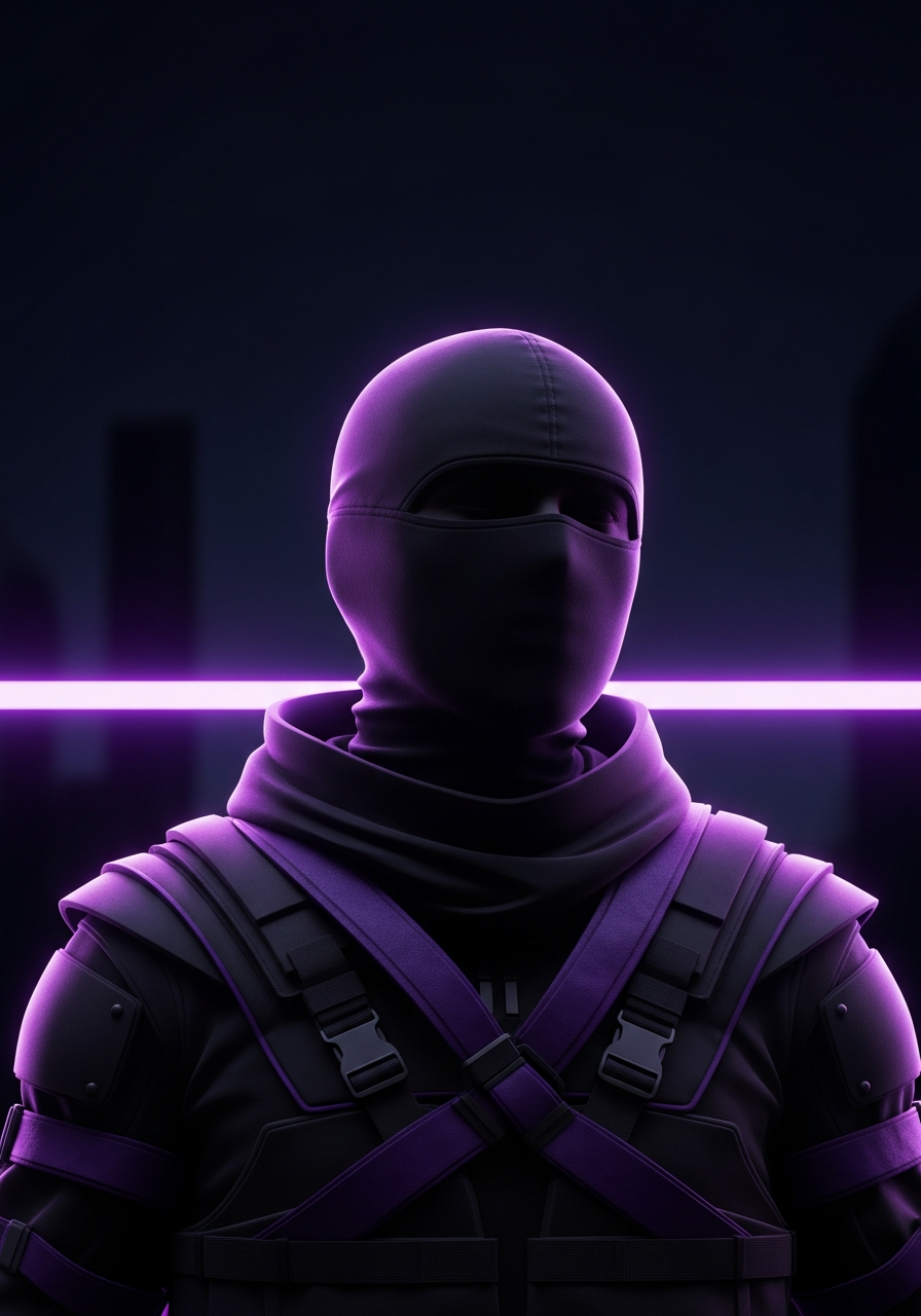 Portrait d’un ninja stylé éclairé de violet